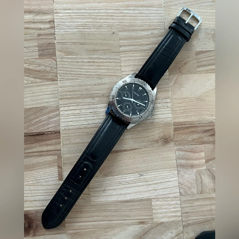 Nautica Vintage Chronograph Style Men’s Watch Black Dial Black Leather Strap